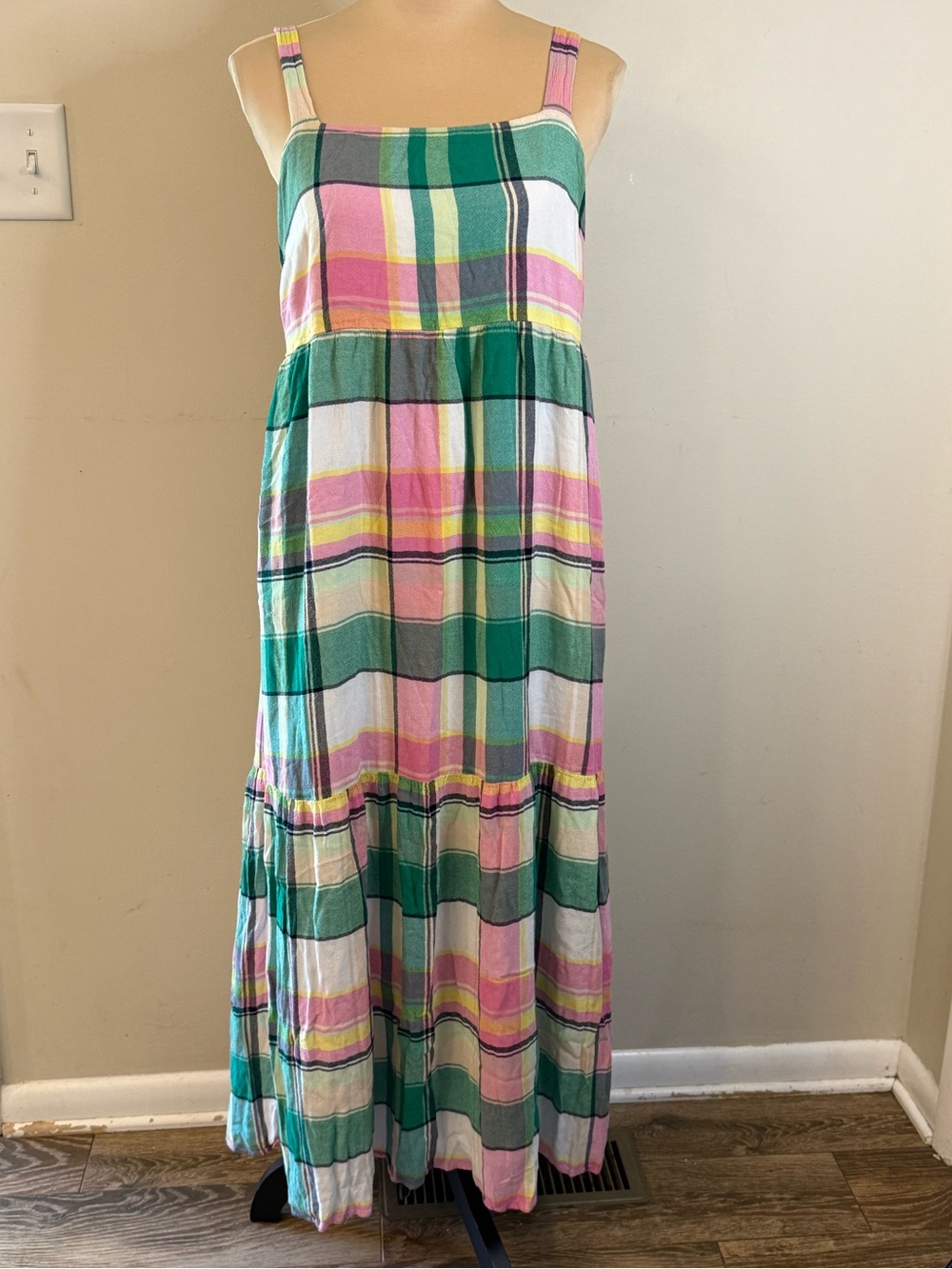 Loft preppy plaid colorful pastel maxi sundress tiered lined SZ MP